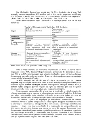 Seu idealizador, Berners-Lee, aponta que “A Web Semântica não é uma Web
separada, mas uma extensão da Web atual na qual as informações apresentam significados
bem definidos e permite que computadores e pessoas possam trabalhar em cooperação”
(BERNERS-LEE, HENDLER, LASSILA, 2001 apud ALVES, 2005, P.27).
Diante desse conceito na tabela 1 destacam-se as diferenças entre a Web 2.0 e a Web
Semântica:
Tabela 1: Diferenças entre a Web 2.0 e a Web Semântica
Web 2.0 Web semântica
Origem Evolução natural da Web Proposta de Berners-Lee para
revolucionar a
Web.
Implantação Muito alta Escassa
Coordenação Não existe W3C
Foco Pessoas Máquinas
Primeiras menções 2003 1999
Expressão Linguagem livre, expressado
mediante folksonomias, palavras-
chave denominadas tags, com
problemas de sinonímia e polissemia.
Linguagem controlada, mediante
linguagem de expressão de ontologias,
sistema de organização do conhecimento
e vocabulários
de metadados.
Algumas
Características
- Descrição de recursos para melhorar
sua distribuição gratuita
- Arquitetura de colaboração
- Usabilidade alta
- Um recurso é mais útil quanto mais
uso tem
- Utilização de uma linguagem
padronizada com sintaxe uniforme e
semântica não
ambígua.
- Interoperabilidade: troca de informação
entre qualquer repositório.
- Usabilidade escassa.
Fonte: Morato, J. et al. (2008 apud CARVALHO, 2009, p. 131).
Para o desenvolvimento da arquitetura informacional da Web 3.0, foram criadas
linguagens como a XML, desenvolvida para realizar a estruturação dos documentos criados
para Web e a RDF, uma linguagem que aplicará significado a essas estruturas, chamada
linguagem de marcação, onde será possível descrever a informação para que o computador
execute a inferência dos significados.
A Web Semântica está dividida em três níveis, ou camadas que são: camada
esquema, responsável por estruturar os dados e definir seu significado para elaboração do
raciocínio lógico; camada ontológica, objetiva definir padrões e relações entre os dados, e
camada lógica, composta por um conjunto de regras de inferência para que os agentes
possam utilizá-las com o objetivo de relacionar e processar informações.
Essas camadas mencionadas são a base para a construção e estabelecimento das
relações semânticas, ou seja, para que as informações apresentem significado bem definidos e
que sejam compreendidas pelas máquinas realizando os processos lógicos por meio de
inferências e possibilidades de recuperação precisa em resposta às buscas humanas.
Tais camadas, a partir das linguagens já mencionadas, estabelecem as relações
semânticas através de agentes computacionais, sendo capazes de operar eficientemente sobre
as informações e estabelecendo interoperabilidade entre sistemas e cooperação entre homem e
máquina. Logo, essa interoperabilidade é a capacidade de compartilhamento de
informações em diversos sistemas, que ocorre por meio de algumas ferramentas como
linguagem de marcação adequada, uso de metadados e arquiteturas de metadados, permitindo
que informações registradas e armazenadas em diferentes estruturas e em diferentes
comunidades do conhecimento possam ser intercambiadas e trocadas nestes sistemas, fazendo
com que haja um trabalho conjunto entre estes. (ALVES, 2005).
 