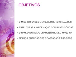 OBJETIVOS DIMINUIR O CAOS DE EXCESSO DE INFORMAÇÕES ESTRUTURAR A INFORMAÇÃO COM BASES SÓLIDAS DINAMIZAR O RELACONAMENTO HOMEM-MÁQUINA MELHOR QUALIDADE DE REVOCAÇÃO E PRECISÃO 