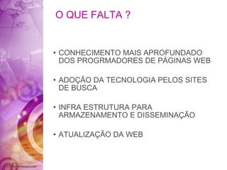 O QUE FALTA ? CONHECIMENTO MAIS APROFUNDADO DOS PROGRMADORES DE PÁGINAS WEB ADOÇÃO DA TECNOLOGIA PELOS SITES DE BUSCA INFRA ESTRUTURA PARA ARMAZENAMENTO E DISSEMINAÇÃO  ATUALIZAÇÃO DA WEB 