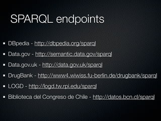 SPARQL endpoints
DBpedia - http://dbpedia.org/sparql
Data.gov - http://semantic.data.gov/sparql
Data.gov.uk - http://data.gov.uk/sparql
DrugBank - http://www4.wiwiss.fu-berlin.de/drugbank/sparql
LOGD - http://logd.tw.rpi.edu/sparql
Biblioteca del Congreso de Chile - http://datos.bcn.cl/sparql
 