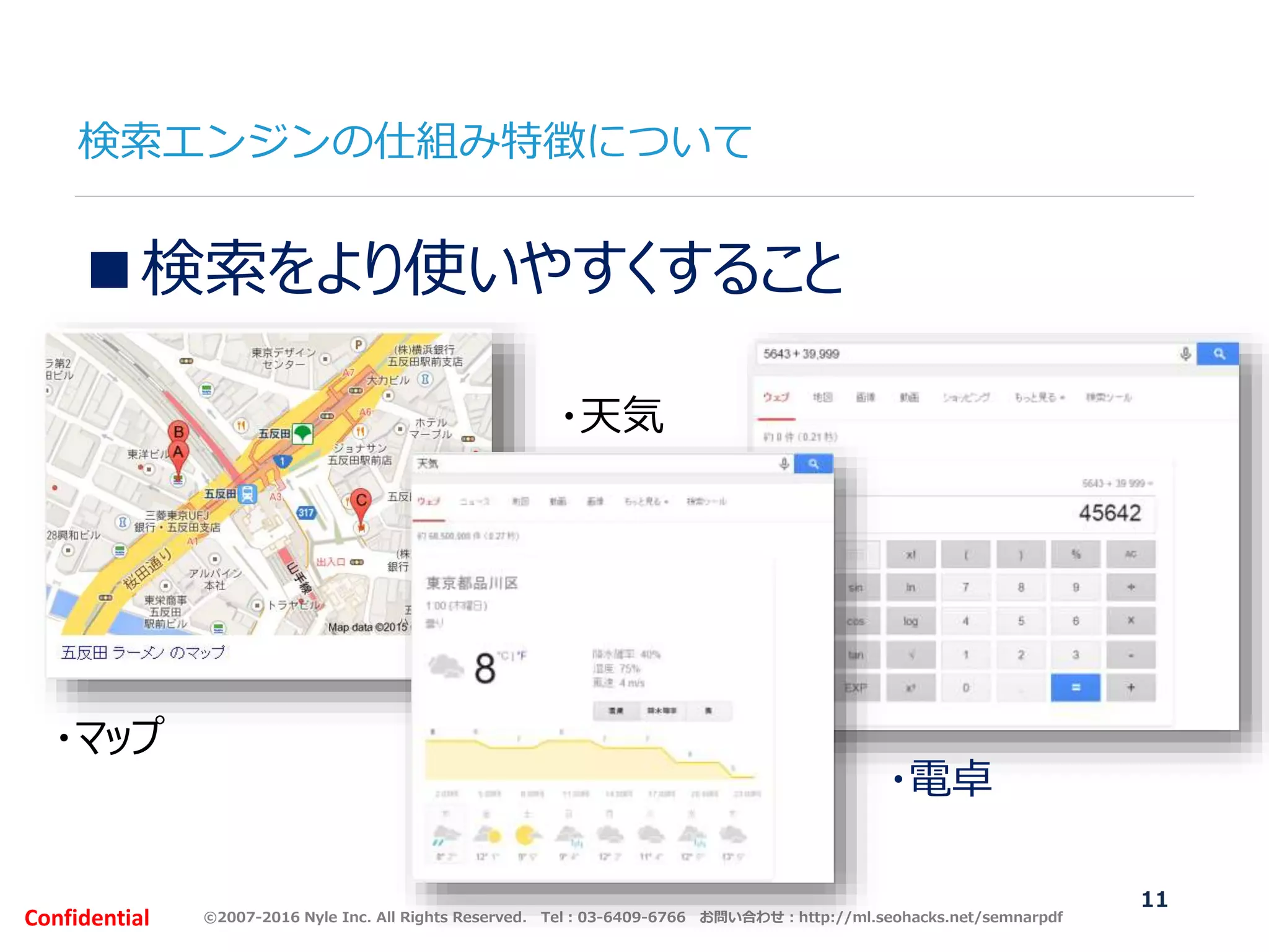 ©2007-2016 Nyle Inc. All Rights Reserved. Tel：03-6409-6766 お問い合わせ：http://ml.seohacks.net/semnarpdfConfidential
検索エンジンの仕組み特徴について
11
■検索をより使いやすくすること
・マップ
・天気
・電卓
 