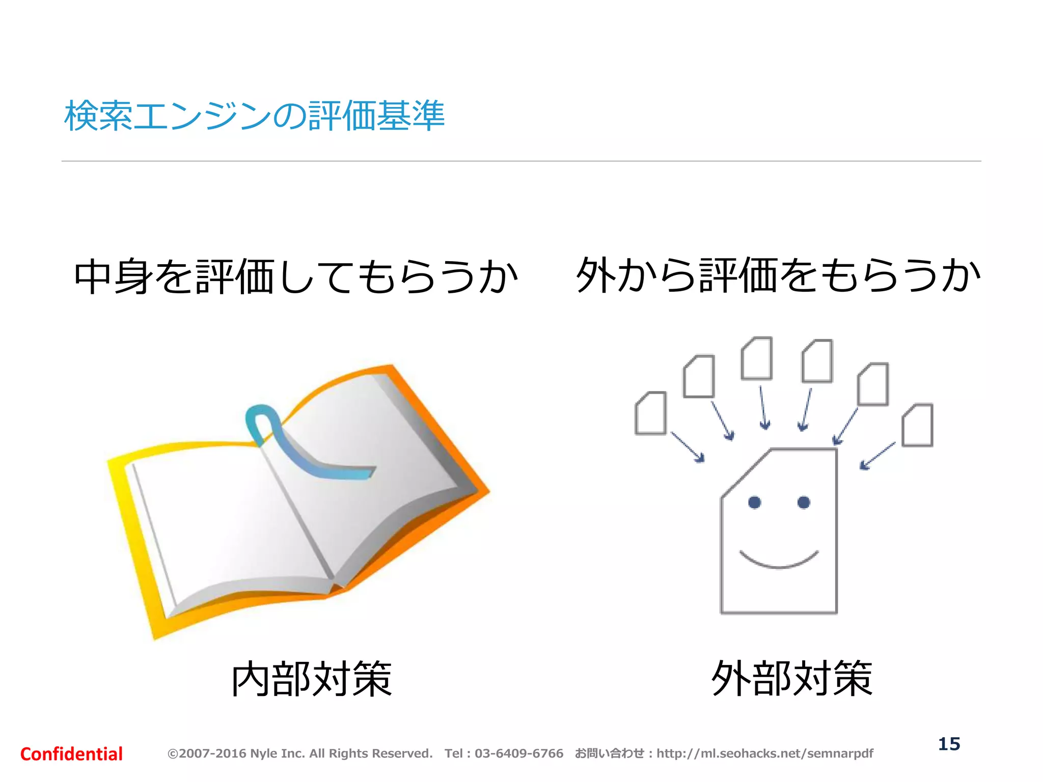 ©2007-2016 Nyle Inc. All Rights Reserved. Tel：03-6409-6766 お問い合わせ：http://ml.seohacks.net/semnarpdfConfidential 15
中身を評価してもらうか
検索エンジンの評価基準
外から評価をもらうか
内部対策 外部対策
 