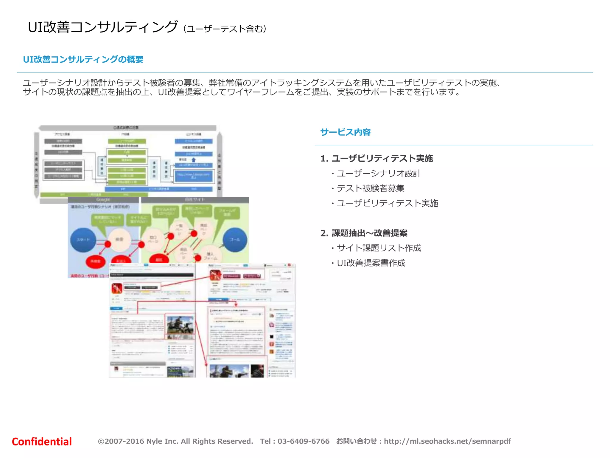 ©2007-2016 Nyle Inc. All Rights Reserved. Tel：03-6409-6766 お問い合わせ：http://ml.seohacks.net/semnarpdfConfidential
UI改善コンサルティング（ユーザーテスト含む）
ユーザーシナリオ設計からテスト被験者の募集、弊社常備のアイトラッキングシステムを用いたユーザビリティテストの実施、
サイトの現状の課題点を抽出の上、UI改善提案としてワイヤーフレームをご提出、実装のサポートまでを行います。
1. ユーザビリティテスト実施
・ユーザーシナリオ設計
・テスト被験者募集
・ユーザビリティテスト実施
2. 課題抽出～改善提案
・サイト課題リスト作成
・UI改善提案書作成
UI改善コンサルティングの概要
サービス内容
 