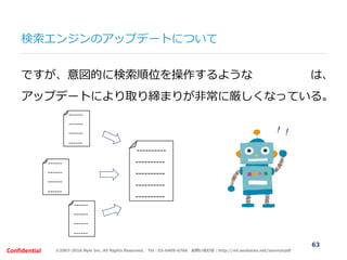 ©2007-2016 Nyle Inc. All Rights Reserved. Tel：03-6409-6766 お問い合わせ：http://ml.seohacks.net/semnarpdfConfidential
ですが、意図的に検索順位を操作するような人工リンクは、
アップデートにより取り締まりが非常に厳しくなっている。
----------
----------
----------
----------
----------
------
------
------
------
------
------
------
------
------
------
------
------
63
検索エンジンのアップデートについて
 