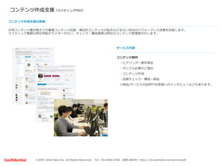 ©2007-2016 Nyle Inc. All Rights Reserved. Tel：03-6409-6766 お問い合わせ：http://ml.seohacks.net/semnarpdfConfidential
コンテンツ作成支援（ライティング代行）
共用コンテンツ書き換えでの重複コンテンツ回避、補足的コンテンツの拡充などを行いSEOのパフォーマンス改善を目指します。
ライティング業務は弊社常駐のライターが行い、チェック・構成業務は弊社のコンテンツ管理者が行います。
コンテンツ制作
・ヒアリング～要件策定
・サンプル記事のご提出
・コンテンツ作成
・品質チェック・構成～納品
※商品/サービスの試用やお客様へのインタビューなども承ります。
コンテンツ作成支援の概要
サービス内容
 