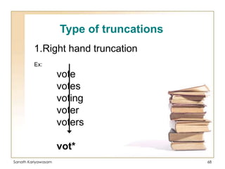 Type of truncations
1.Right hand truncation
Ex:

vote
votes
voting
voter
voters
vot*
Sanath Kariyawasam

68

 