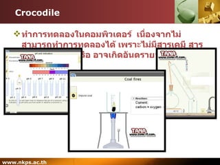 Crocodile ทำการทดลองในคอมพิวเตอร์  เนื่องจากไม่สามารถทำการทดลองได้ เพราะไม่มีสารเคมี สารเคมีราคาแพง หรือ อาจเกิดอันตรายจากการทดลอง 
