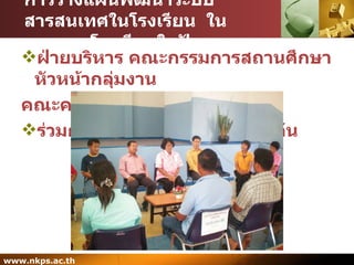 การวางแผนพัฒนาระบบสารสนเทศในโรงเรียน  ในขอบเขตโรงเรียนในฝัน ฝ่ายบริหาร คณะกรรมการสถานศึกษา หัวหน้ากลุ่มงาน  คณะครู  และฝ่าย  ICT ร่วมกำหนดแนวทางพัฒนาร่วมกัน 