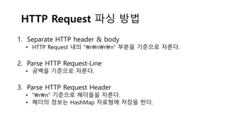 HTTP Request 파싱 방법
1. Separate HTTP header & body
• HTTP Request 내의 “rnrn” 부분을 기준으로 자른다.
2. Parse HTTP Request-Line
• 공백을 기준으로 자른다.
3. Parse HTTP Request Header
• “rn” 기준으로 헤더들을 자른다.
• 헤더의 정보는 HashMap 자료형에 저장을 한다.
 