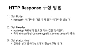 HTTP Response 구성 방법
1. Set Body
• Request의 데이터를 다룬 후의 결과 데이터를 넣는다.
2. Set Header
• HashMap 자료형에 필요한 키와 값을 넣어준다.
• 특히 File I/O에선 Content-Type과 Content-Length가 중요
3. Set status-line
• 결과를 넣고 클라이언트에게 전송해주면 된다.
 