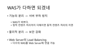 WAS가 다하면 되겠네
• 기능의 분리 -> 서버 부하 방지
• WAS가 바쁘다.
• 정적 컨텐츠 처리까지 더해지면 동적 컨텐츠 처리의 지연
• 물리적 분리 -> 보안 강화
• Web Server의 Load Balancing
• 다수의 WAS를 Web Server에 연결 가능
 