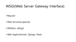 WSGI(Web Server Gateway Interface)
• Request
• Web Server(ex.apache)
• WSGI(ex. uWsgi)
• Web Application(ex. Django, flask)
 