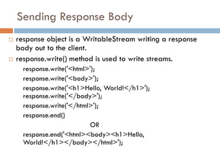 Sending Response Body
 response object is a WritableStream writing a response
body out to the client.
 response.write() ...