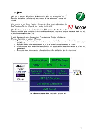 4. JRun
JRun est un serveur d’application de Macromedia, basé sur Microsystem Java 2
Platform, Entreprise Edition (J2EE). Macromedia a été récemment racheté par
Adobe.
JRun consiste en Java Server Page (JSP), Servlets Java, Enterprise JavaBeans (EJB), de
Java Transaction Service (JST), et de Java Message Service (JMS).
JRun fonctionne avec la plupart des serveurs Web, comme Apache, IIS, et de
manière générale, tout webserver supportant Internet Server Application Program Interface (ISAPI) ou les
Common Gateway Interface (CGI).
Il existe 4 versions de JRUN : Développeur, Professionnelle, Avancée et Entreprise.
Donnant chacune des prestations différentes.
- Développeur : Toute option, mais uniquement pour le développement, et limitée à 3 connexions
simultanées
- Avancée : Prévue pour le déploiement de JSP et de Servlets, en environnement en cluster.
- Professionnelle : pour les entreprises hébergeant des Servlets et des applications à base de JSP, sur un
seul serveur.
- Entreprise : pour les entreprises créant et déployant des applications Java de e-commerce.
Fig. 6: Architecture de JRun4 (Source: Jr4_technical_wp)
11
 