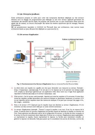 1.4. EJB : Enterprise JavaBeans
Cette architecture propose un cadre pour créer des composants distribués (déployés sur des serveurs
distants) écrit en langage de programmation Java hébergés au sein d'un serveur applicatif permettant de
représenter des données (EJB dit entité), de proposer des services avec ou sans conservation d'état entre les
appels (EJB dit session), ou encore d'accomplir des tâches de manière asynchrone (EJB dit message). Notions
d’annotations.
EJB est grossièrement équivalent à COM/DOM de Microsoft dans son architecture, mais comme toute
architecture basée sur Java, elle peut être déployée sur quasi-tous les OS.
1.5. Un serveur d’application
Fig. 3 : Fonctionnement d'un Serveur d'Application (Source: Université Paris-Est Marne-la-Vallée)
1) Le client émet une requête (i.e. appelle une URL) pour demander une ressource au serveur. Exemple :
http://leserveur.com/welcome. Il ne sait pas ici si la réponse qui va lui parvenir est statique (page
HTML simple) ou dynamique (générée par une application WEB). Dans notre cas, il s'agit d'une application
répondant à l'adresse welcome sur le serveur leserveur.com.
2) Côté serveur, c'est le serveur web (exemple : Apache) qui traite les requêtes HTTP entrantes. Il traite donc
toutes les requêtes, qu'elles demandent une ressource statique ou dynamique. Seulement, un serveur HTTP
ne sait répondre qu'aux requêtes visant des ressources statiques. Il ne peut que renvoyer des pages HTML,
des images,... existantes.
3) Ainsi, si le serveur HTTP s'aperçoit que la requête reçue est destinée au serveur d'applications, il la lui
transmet. Les deux serveurs sont reliés par un canal, nommé connecteur.
4) Le serveur d'applications (exemple : Tomcat !) reçoit la requête à son tour. Il est, lui, en mesure de la
traiter. Il exécute donc le morceau d'application (la Servlet) auquel est destinée la requête, en fonction de
l'URL. Cette opération est effectuée à partir de la configuration du serveur. La Servlet est donc invoquée, et
le serveur lui fournit notamment deux objets Java (Tomcat est un serveur d'applications Java) exploitables :
un représentant la requête, l'autre représentant la réponse. La Servlet peut maintenant travailler, et
générer la réponse à la demande. Cela peut passer par la consultation de sources de données, comme des
5
 