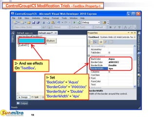 18
ControlGroup1CS Modification Trials –TextBox Property-1
1- Set
'BackColor' = 'Aqua'
'BorderColor' = '#0033cc'
'BorderStyle' = 'Double'
'BorderWidth' = '4px'
2- And see effects
On 'TextBox'.
 