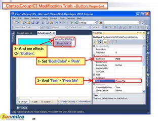 20
ControlGroup1CS Modification Trials –Button Property-1
3- And see effects
On 'Button'.
1- Set 'BackColor' = 'Pink'
2- And 'Text' = 'Press Me'
 