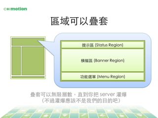 區域可以疊套	
提⽰示區 (Status Region)	
橫幅區 (Banner Region)	
功能選單 (Menu Region)	
疊套可以無限層數，直到你把 server 灌爆	
（不過灌爆應該不是我們的⺫⽬目的吧）	
 