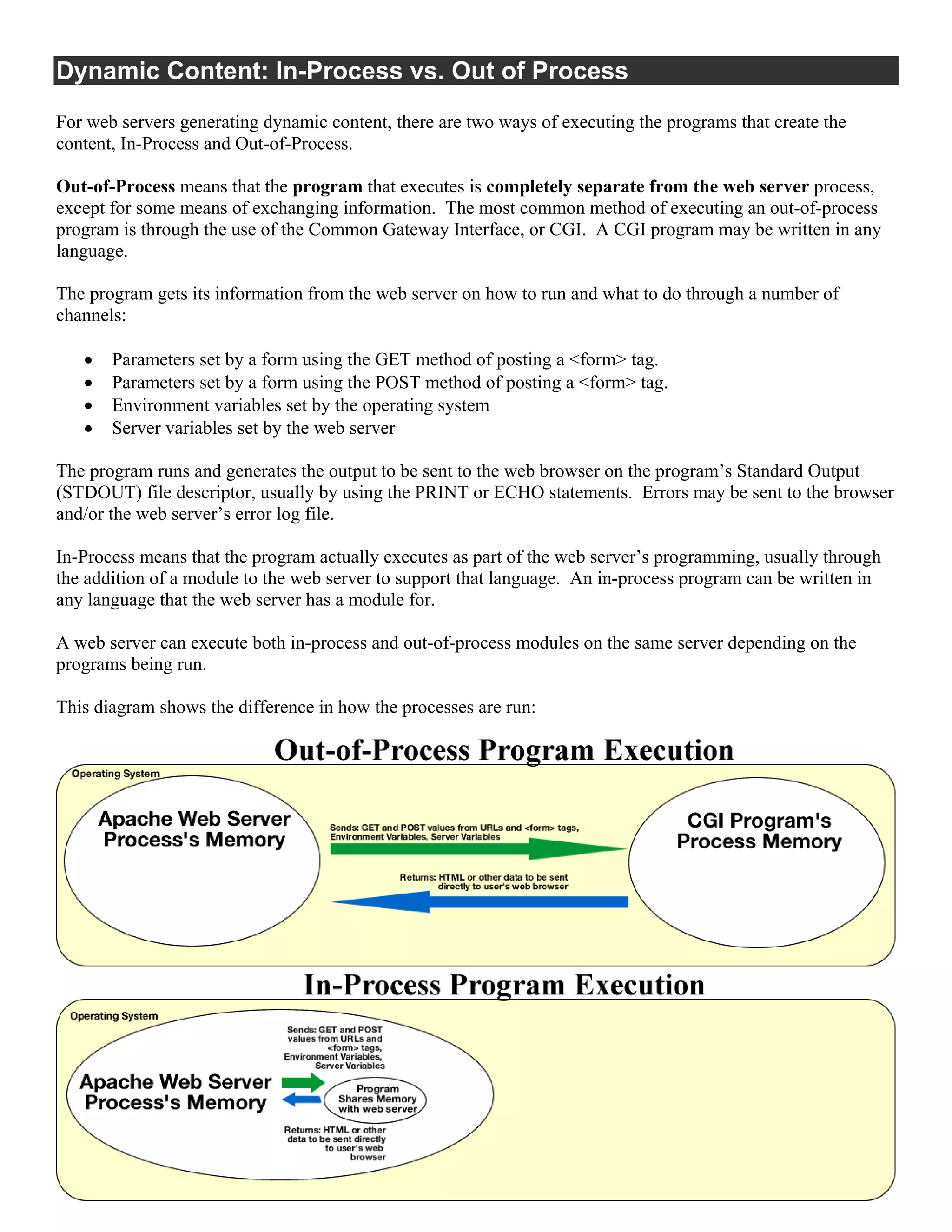 Dynamic Content: In-Process vs. Out of Process
For web servers generating dynamic content, there are two ways of executing the programs that create the
content, In-Process and Out-of-Process.

Out-of-Process means that the program that executes is completely separate from the web server process,
except for some means of exchanging information. The most common method of executing an out-of-process
program is through the use of the Common Gateway Interface, or CGI. A CGI program may be written in any
language.

The program gets its information from the web server on how to run and what to do through a number of
channels:

      Parameters set by a form using the GET method of posting a <form> tag.
      Parameters set by a form using the POST method of posting a <form> tag.
      Environment variables set by the operating system
      Server variables set by the web server

The program runs and generates the output to be sent to the web browser on the program’s Standard Output
(STDOUT) file descriptor, usually by using the PRINT or ECHO statements. Errors may be sent to the browser
and/or the web server’s error log file.

In-Process means that the program actually executes as part of the web server’s programming, usually through
the addition of a module to the web server to support that language. An in-process program can be written in
any language that the web server has a module for.

A web server can execute both in-process and out-of-process modules on the same server depending on the
programs being run.

This diagram shows the difference in how the processes are run:
 