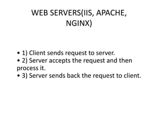 WEB SERVERS(IIS, APACHE,
NGINX)
• 1) Client sends request to server.
• 2) Server accepts the request and then
process it.
• 3) Server sends back the request to client.
 