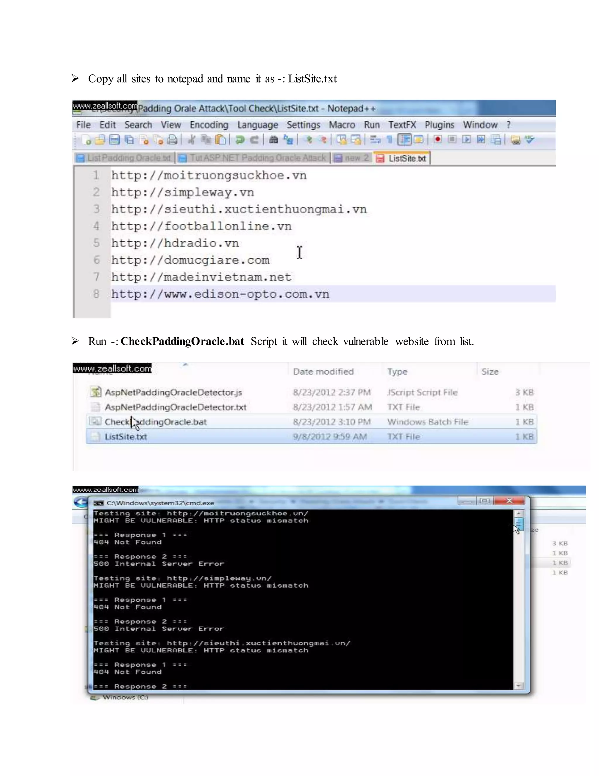  Copy all sites to notepad and name it as -: ListSite.txt
 Run -: CheckPaddingOracle.bat Script it will check vulnerable website from list.
 