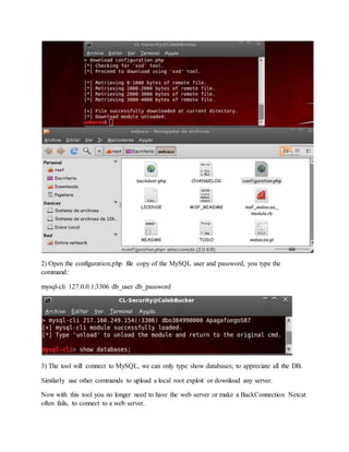 2) Open the configuration.php file copy of the MySQL user and password, you type the
command:
mysql-cli 127.0.0.1:3306 db_user db_password
3) The tool will connect to MySQL, we can only type show databases; to appreciate all the DB.
Similarly use other commands to upload a local root exploit or download any server.
Now with this tool you no longer need to have the web server or make a BackConnection Netcat
often fails, to connect to a web server.
 