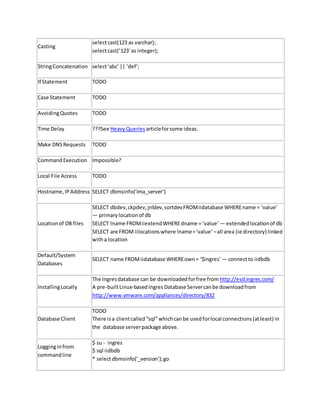 Casting
selectcast(123 as varchar);
selectcast(’123′ as integer);
StringConcatenation select‘abc’|| ‘def’;
If Statement TODO
Case Statement TODO
AvoidingQuotes TODO
Time Delay ???See HeavyQueries articleforsome ideas.
Make DNSRequests TODO
CommandExecution Impossible?
Local File Access TODO
Hostname,IPAddress SELECT dbmsinfo(‘ima_server’)
Locationof DB files
SELECT dbdev,ckpdev,jnldev,sortdevFROMiidatabase WHEREname = ‘value’
— primarylocationof db
SELECT lname FROMiiextendWHEREdname = ‘value’ — extendedlocationof db
SELECT are FROM iilocationswhere lname=‘value’ –all area (ie directory) linked
witha location
Default/System
Databases
SELECT name FROMiidatabase WHEREown= ‘$ingres’ — connectto iidbdb
InstallingLocally
The Ingresdatabase can be downloadedforfree from http://esd.ingres.com/
A pre-builtLinux-basedIngresDatabase Servercanbe downloadfrom
http://www.vmware.com/appliances/directory/832
Database Client
TODO
There isa clientcalled“sql”whichcanbe usedforlocal connections(atleast) in
the database serverpackage above.
Logginginfrom
commandline
$ su - ingres
$ sql iidbdb
* selectdbmsinfo(‘_version’);go
 
