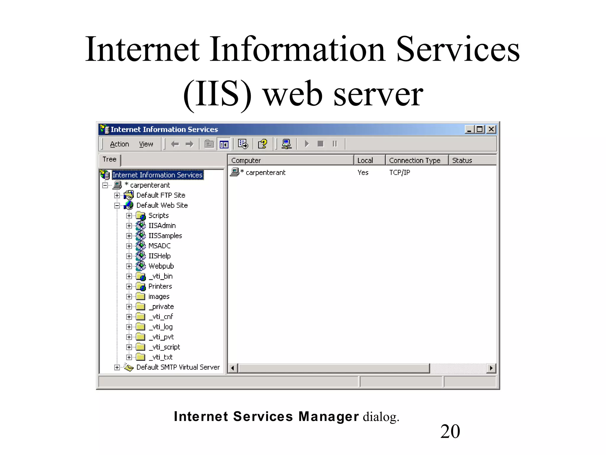 20
Internet Information Services
(IIS) web server
Internet Services Manager dialog.
 