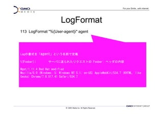 LogFormat
113 LogFormat "%{User-agent}i" agent




Logの書式を「agent」という名前で定義

%{Foobar}i       サーバに送られたリクエストの Foobar: ヘッダの内容

Wget/1.11.4 Red Hat modified
Mozilla/5.0 (Windows; U; Windows NT 5.1; en-US) AppleWebKit/534.7 (KHTML, like
Gecko) Chrome/7.0.517.41 Safari/534.7
 