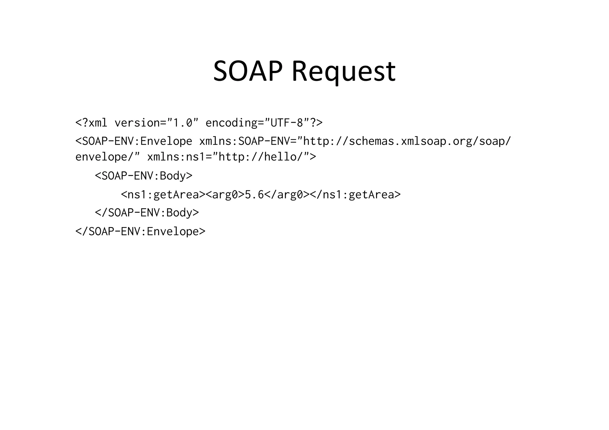 SOAP	
  Request	
  
<?xml version="1.0" encoding="UTF-8"?>
<SOAP-ENV:Envelope xmlns:SOAP-ENV="http://schemas.xmlsoap.org/soap/
envelope/" xmlns:ns1="http://hello/">
<SOAP-ENV:Body>
<ns1:getArea><arg0>5.6</arg0></ns1:getArea>
</SOAP-ENV:Body>
</SOAP-ENV:Envelope>
 