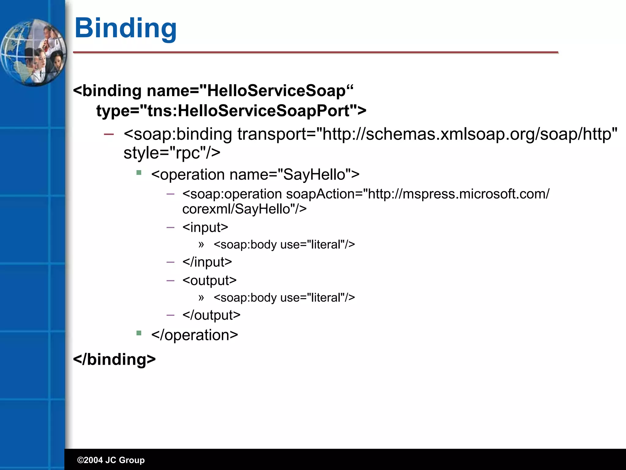 ©2004 JC Group
Binding
<binding name="HelloServiceSoap“
type="tns:HelloServiceSoapPort">
– <soap:binding transport="http://schemas.xmlsoap.org/soap/http"
style="rpc"/>
 <operation name="SayHello">
– <soap:operation soapAction="http://mspress.microsoft.com/
corexml/SayHello"/>
– <input>
» <soap:body use="literal"/>
– </input>
– <output>
» <soap:body use="literal"/>
– </output>
 </operation>
</binding>
 