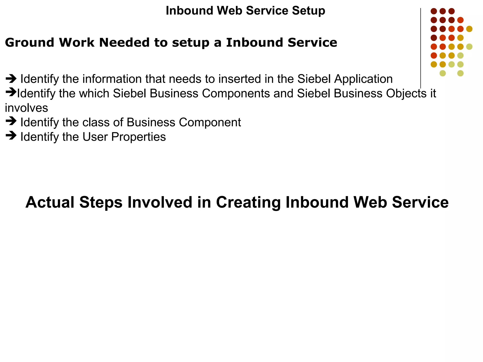 Inbound Web Service Setup
Ground Work Needed to setup a Inbound Service
 Identify the information that needs to inserted in the Siebel Application
Identify the which Siebel Business Components and Siebel Business Objects it
involves
 Identify the class of Business Component
 Identify the User Properties
Actual Steps Involved in Creating Inbound Web Service
 