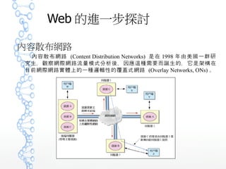 Web 的進一步探討
內容散布網路
內容散布網路 (Content Distribution Networks) 是在 1998 年由美國一群研究
生，觀察網際網路流量模式分析後，因應這種需要而誕生的，它是架構在目
前網際網路實體上的一種邏輯性的覆蓋式網路 (Overlay Networks, ONs) 。
 
