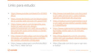 ©2018 Avanade Inc. All Rights Reserved. <Highly Confidential> See Avanade’s Data Management Policy
• https://www.youtube.com/watch?v=611A3S
Af5-k
• https://www.devmedia.com.br/desenvolven
do-e-usando-web-services-em-java/37261
• https://www.caelum.com.br/apostila-java-
testes-jsf-web-services-design-
patterns/acessando-um-web-service/#6-5-
discussao-em-aula-como-testar-o-cliente-
do-web-service
• http://www.linhadecodigo.com.br/artigo/66
3/criando-um-webservice-para-controle-
de-clientes-utilizando-csharp.aspx
• https://www.codeproject.com/Articles/863/
Your-first-C-Web-Service
• http://www.ciceroednilson.com.br/criand
o-um-web-service-em-c-para-realizar-
upload-e-download-de-arquivos/
• https://medium.com/mackmobile/criand
o-um-web-service-restful-usando-node-
js-7c00d8f16a4a
• https://www.codementor.io/olatundegaru
ba/nodejs-restful-apis-in-10-minutes-
q0sgsfhbd
• http://blog.algaworks.com/4-conceitos-
sobre-rest-que-qualquer-desenvolvedor-
precisa-conhecer/
• https://becode.com.br/o-que-e-api-rest-
e-restful/
11
Links para estudo:
 