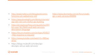 ©2018 Avanade Inc. All Rights Reserved. <Highly Confidential> See Avanade’s Data Management Policy
• http://www.matera.com/blog/post/como-
funciona-um-webservice-rest
• https://app.pluralsight.com/library/courses/
asp-dot-net-core-restful-api-building
• https://pt.stackoverflow.com/questions/2911
6/o-que-%C3%A9-wsdl-web-services-
description-language
• https://forum.imasters.com.br/topic/454027
-http-response-e-request/
• https://www.youtube.com/watch?v=RlB5wc
uFvcc
• https://blogs.mulesoft.com/dev/api-
dev/apis-versus-web-services/
https://www.devmedia.com.br/forum/web-
api-x-web-services/490996
12
 