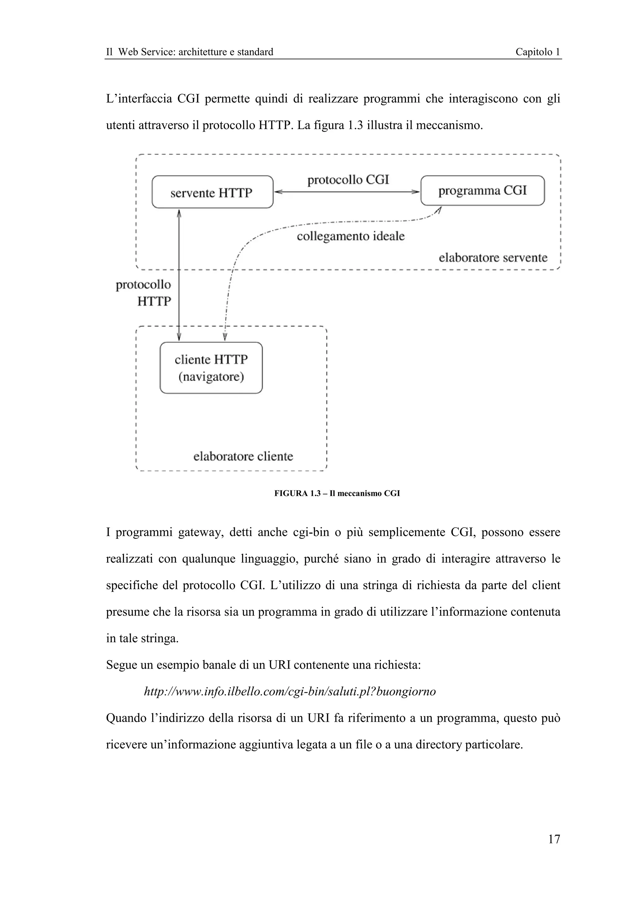 Il Web Service: architetture e standard                                          Capitolo 1



L’interfaccia CGI permette quindi di realizzare programmi che interagiscono con gli

utenti attraverso il protocollo HTTP. La figura 1.3 illustra il meccanismo.




                                          FIGURA 1.3 – Il meccanismo CGI



I programmi gateway, detti anche cgi-bin o più semplicemente CGI, possono essere

realizzati con qualunque linguaggio, purché siano in grado di interagire attraverso le

specifiche del protocollo CGI. L’utilizzo di una stringa di richiesta da parte del client

presume che la risorsa sia un programma in grado di utilizzare l’informazione contenuta

in tale stringa.

Segue un esempio banale di un URI contenente una richiesta:

        http://www.info.ilbello.com/cgi-bin/saluti.pl?buongiorno

Quando l’indirizzo della risorsa di un URI fa riferimento a un programma, questo può

ricevere un’informazione aggiuntiva legata a un file o a una directory particolare.




                                                                                        17
 