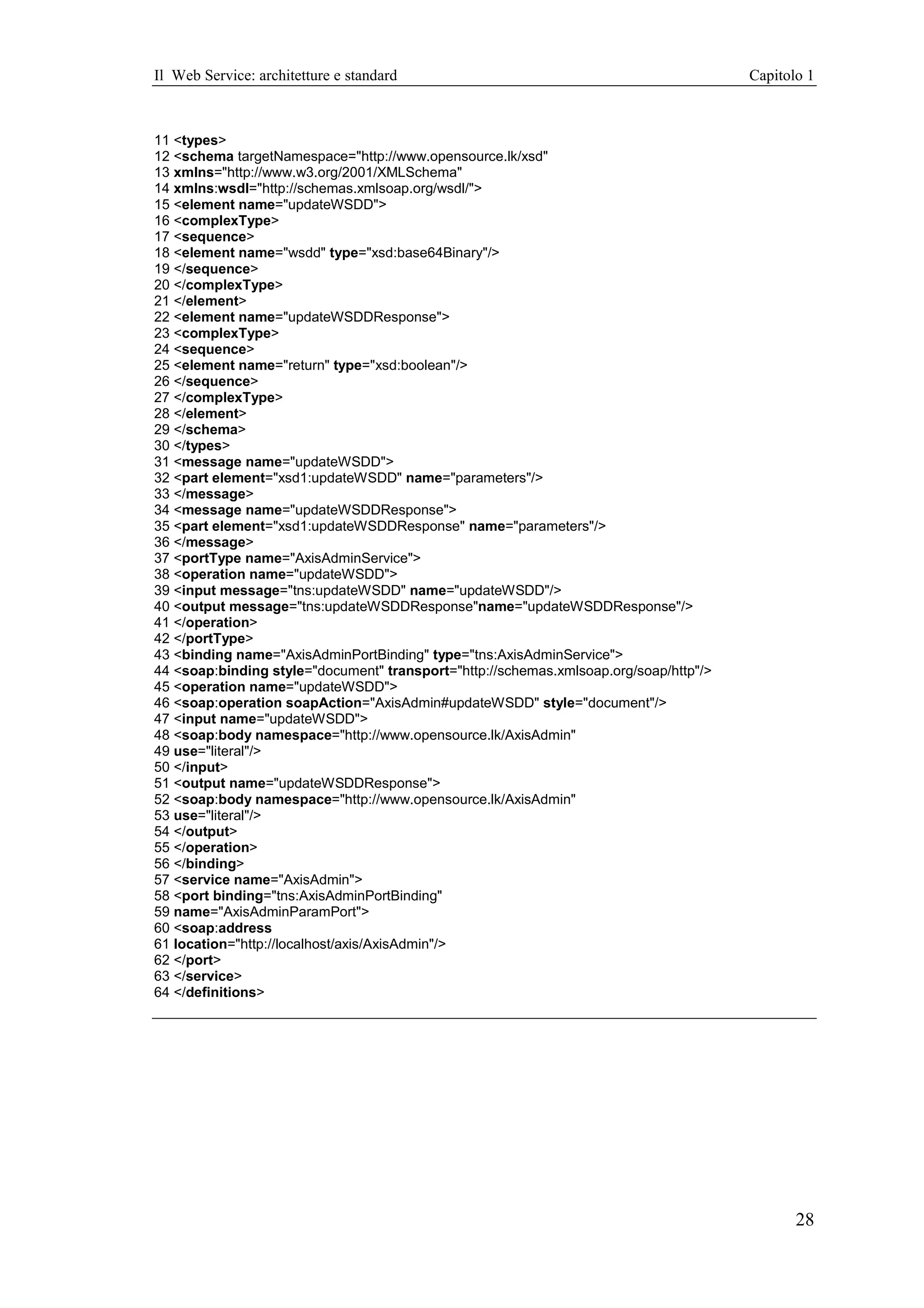 Il Web Service: architetture e standard                                                Capitolo 1



11 <types>
12 <schema targetNamespace="http://www.opensource.lk/xsd"
13 xmlns="http://www.w3.org/2001/XMLSchema"
14 xmlns:wsdl="http://schemas.xmlsoap.org/wsdl/">
15 <element name="updateWSDD">
16 <complexType>
17 <sequence>
18 <element name="wsdd" type="xsd:base64Binary"/>
19 </sequence>
20 </complexType>
21 </element>
22 <element name="updateWSDDResponse">
23 <complexType>
24 <sequence>
25 <element name="return" type="xsd:boolean"/>
26 </sequence>
27 </complexType>
28 </element>
29 </schema>
30 </types>
31 <message name="updateWSDD">
32 <part element="xsd1:updateWSDD" name="parameters"/>
33 </message>
34 <message name="updateWSDDResponse">
35 <part element="xsd1:updateWSDDResponse" name="parameters"/>
36 </message>
37 <portType name="AxisAdminService">
38 <operation name="updateWSDD">
39 <input message="tns:updateWSDD" name="updateWSDD"/>
40 <output message="tns:updateWSDDResponse"name="updateWSDDResponse"/>
41 </operation>
42 </portType>
43 <binding name="AxisAdminPortBinding" type="tns:AxisAdminService">
44 <soap:binding style="document" transport="http://schemas.xmlsoap.org/soap/http"/>
45 <operation name="updateWSDD">
46 <soap:operation soapAction="AxisAdmin#updateWSDD" style="document"/>
47 <input name="updateWSDD">
48 <soap:body namespace="http://www.opensource.lk/AxisAdmin"
49 use="literal"/>
50 </input>
51 <output name="updateWSDDResponse">
52 <soap:body namespace="http://www.opensource.lk/AxisAdmin"
53 use="literal"/>
54 </output>
55 </operation>
56 </binding>
57 <service name="AxisAdmin">
58 <port binding="tns:AxisAdminPortBinding"
59 name="AxisAdminParamPort">
60 <soap:address
61 location="http://localhost/axis/AxisAdmin"/>
62 </port>
63 </service>
64 </definitions>




                                                                                              28
 