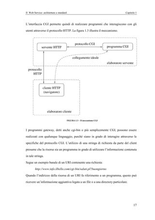 Il Web Service: architetture e standard                                          Capitolo 1



L’interfaccia CGI permette quindi di realizzare programmi che interagiscono con gli

utenti attraverso il protocollo HTTP. La figura 1.3 illustra il meccanismo.




                                          FIGURA 1.3 – Il meccanismo CGI



I programmi gateway, detti anche cgi-bin o più semplicemente CGI, possono essere

realizzati con qualunque linguaggio, purché siano in grado di interagire attraverso le

specifiche del protocollo CGI. L’utilizzo di una stringa di richiesta da parte del client

presume che la risorsa sia un programma in grado di utilizzare l’informazione contenuta

in tale stringa.

Segue un esempio banale di un URI contenente una richiesta:

        http://www.info.ilbello.com/cgi-bin/saluti.pl?buongiorno

Quando l’indirizzo della risorsa di un URI fa riferimento a un programma, questo può

ricevere un’informazione aggiuntiva legata a un file o a una directory particolare.




                                                                                        17
 