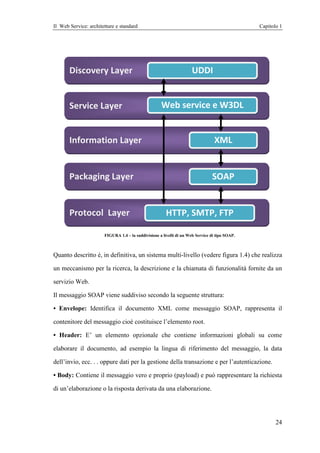 Il Web Service: architetture e standard                                                         Capitolo 1




       Discovery Layer                                               UDDI


       Service Layer                                 Web service e W3DL


       Information Layer                                                         XML


       Packaging Layer                                                          SOAP


       Protocol Layer                                  HTTP, SMTP, FTP

                       FIGURA 1.4 – la suddivisione a livelli di un Web Service di tipo SOAP.



Quanto descritto è, in definitiva, un sistema multi-livello (vedere figura 1.4) che realizza

un meccanismo per la ricerca, la descrizione e la chiamata di funzionalità fornite da un

servizio Web.

Il messaggio SOAP viene suddiviso secondo la seguente struttura:

• Envelope: Identifica il documento XML come messaggio SOAP, rappresenta il

contenitore del messaggio cioè costituisce l’elemento root.

• Header: E’ un elemento opzionale che contiene informazioni globali su come

elaborare il documento, ad esempio la lingua di riferimento del messaggio, la data

dell’invio, ecc. . . oppure dati per la gestione della transazione e per l’autenticazione.

• Body: Contiene il messaggio vero e proprio (payload) e può rappresentare la richiesta

di un’elaborazione o la risposta derivata da una elaborazione.




                                                                                                       24
 