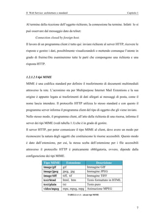 Il Web Service: architetture e standard                                                Capitolo 1



Al termine della ricezione dell’oggetto richiesto, la connessione ha termine. Infatti lo si

può osservare dal messaggio dato da telnet:

        Connection closed by foreign host.

Il lavoro di un programma client è tutto qui: inviare richieste al server HTTP, ricevere le

risposte e gestire i dati, possibilmente visualizzandoli o mettendo comunque l’utente in

grado di fruirne.Ora esamineremo tutte le parti che compongono una richiesta e una

risposta HTTP.



1.2.1.2 I tipi MIME

MIME è una codifica standard per definire il trasferimento di documenti multimediali

attraverso la rete. L’acronimo sta per Multipurpose Internet Mail Extentions e la sua

origine è appunto legata ai trasferimenti di dati allegati ai messaggi di posta, come il

nome lascia intendere. Il protocollo HTTP utilizza lo stesso standard e con questo il

programma server informa il programma client del tipo di oggetto che gli viene inviato.

Nello stesso modo, il programma client, all’atto della richiesta di una risorsa, informa il

server dei tipi MIME (vedi tabella 1.1) che è in grado di gestire.

Il server HTTP, per poter comunicare il tipo MIME al client, deve avere un modo per

riconoscere la natura degli oggetti che costituiscono le risorse accessibili. Questo modo

è dato dall’estensione, per cui, la stessa scelta dell’estensione per i file accessibili

attraverso il protocollo HTTP è praticamente obbligatoria, ovvero, dipende dalla

configurazione dei tipi MIME.

                Tipo MIME             Estensione                   Descrizione
                image/gif         gif                       Immagine GIF
                image/jpeg        jpeg, jpg                 Immagine JPEG
                image/tiff        tiff, tif                 Immagine TIFF
                text/html         html, htm                 Testo formattato in HTML
                text/plain        txt                       Testo puro
                video/mpeg        mpe, mpeg, mpg            Animazione MPEG
                                          TABELLA 1.1 – alcuni tipi MIME




                                                                                               7
 