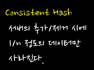 Consistent Hash 
서버의 추가/제거 시에 1/n 정도의 데이터만 사라진다.  