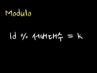 Modulo 
Id % 서버대수 = k  