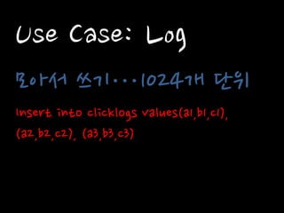 Use Case: Log 
모아서 쓰기…1024개 단위 
Insert into clicklogs values(a1,b1,c1), 
(a2,b2,c2), (a3,b3,c3)  