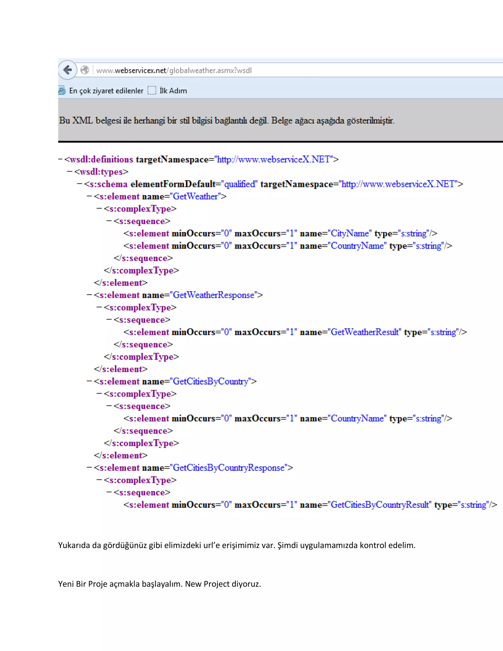 Yukarıda da gördüğünüz gibi elimizdeki url’e erişimimiz var. Şimdi uygulamamızda kontrol edelim.
Yeni Bir Proje açmakla başlayalım. New Project diyoruz.
 