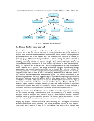 International Journal of Computer Science, Engineering and Information Technology (IJCSEIT), Vol. 4,No.1, February 2014
3
FIGURE 1. Taxonomy of Service Discovery
3.1. Domain Ontology-based Approach
Some authors have suggested semantic-based approaches with a domain ontology, of which we
discuss a few. In [6], they consider ontologies as knowledge structures that specify attributes of
services, their properties and relations among them to enable finding semantic similarity between
service descriptions and service requests. They use knowledge from ontologies to enhance the
both user service requests and service descriptions by adding concepts that are not presented in
the original descriptions, and use them in a comparison process. It results in more precise
matching, since they consider also implicit concepts. Thus, services and requests that do not
contain exact matching attributes can be found semantically matching on some abstraction level.
In [7], they propose a Web Service discovery with non-explicit service description semantics that
match a specific service request. They suggest an approach, including semantic-based service
categorization and semantic enhancement of the service request. They propose a solution for
achieving functional level service categorization based on an ontology framework. Additionally,
they cluster Web Services based on service functionality. This clustering is performed offline at
the Universal Description Discovery and Integration (UDDI). The semantic enhancement of the
service request causes to find more relevant services. The service request enhancement involves
expansion of additional terms, retrieved from ontology to the request services. Then the matching
will be done between the enhanced service request and the retrieved service descriptions. In [8], a
framework of Semantic Web Service Discovery based on Ontology Mapping (SWSDOM) is
proposed. Their framework performs mapping of input and output parameters in functional
properties of Semantic Web Services expressed by different ontologies, the final similarity is
obtained by aggregating linguistic similarity, structural similarity and instance similarity.
In [9], the semantics-based Web Service matching model is proposed to improve the performance
of Web Service discovery. Semantics-based Web Service matching is a method, including
semantic similarity matching and qualitative filtering. Function-based semantic similarity
matching is used by matching algorithm in order to find the most appropriate services. It is, also,
used for selecting the best service among the results of qualitative filtering.
In [10], they propose a semantic based Web Service discovery and a prototypical tool based on
syntactic and structural schema matching. Their method is based on matching an input ontology,
describing a service request, to Web Service descriptions at the syntactic level through Web
 