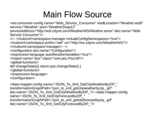 Main Flow Source
<ws:consumer-config name="Web_Service_Consumer" wsdlLocation="Weather.wsdl"
service="Weather" port="WeatherSoap12"
serviceAddress="http://wsf.cdyne.com/WeatherWS/Weather.asmx" doc:name="Web
Service Consumer"/>
<!-- <mulexml:namespace-manager includeConfigNamespaces="true">
<mulexml:namespace prefix="wet" uri="http://ws.cdyne.com/WeatherWS/"/>
</mulexml:namespace-manager> -->
<configuration doc:name="Configuration">
<expression-language autoResolveVariables="true">
<import name="poc" class="com.poc.PocUtil"/>
<global-functions>
def changeState(){ return poc.changeState() }
</global-functions>
</expression-language>
</configuration>
<data-mapper:config name="JSON_To_Xml_GetCityWeatherByZIP_"
transformationGraphPath="json_to_xml_getcityweatherbyzip_.grf"
doc:name="JSON_To_Xml_GetCityWeatherByZIP_"/> <data-mapper:config
name="JSON_To_Xml_GetCityForecastByZIP_"
transformationGraphPath="json_to_xml_getcityforecastbyzip_.grf"
doc:name="JSON_To_Xml_GetCityForecastByZIP_"/>
 